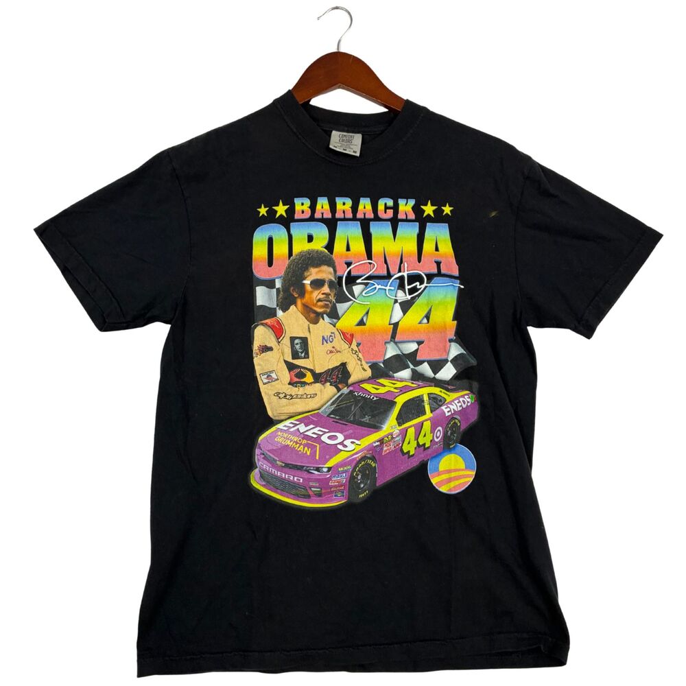 Barack Obama 44 NASCAR Racing Graphic T Shirt Medium Black Comfort Colors